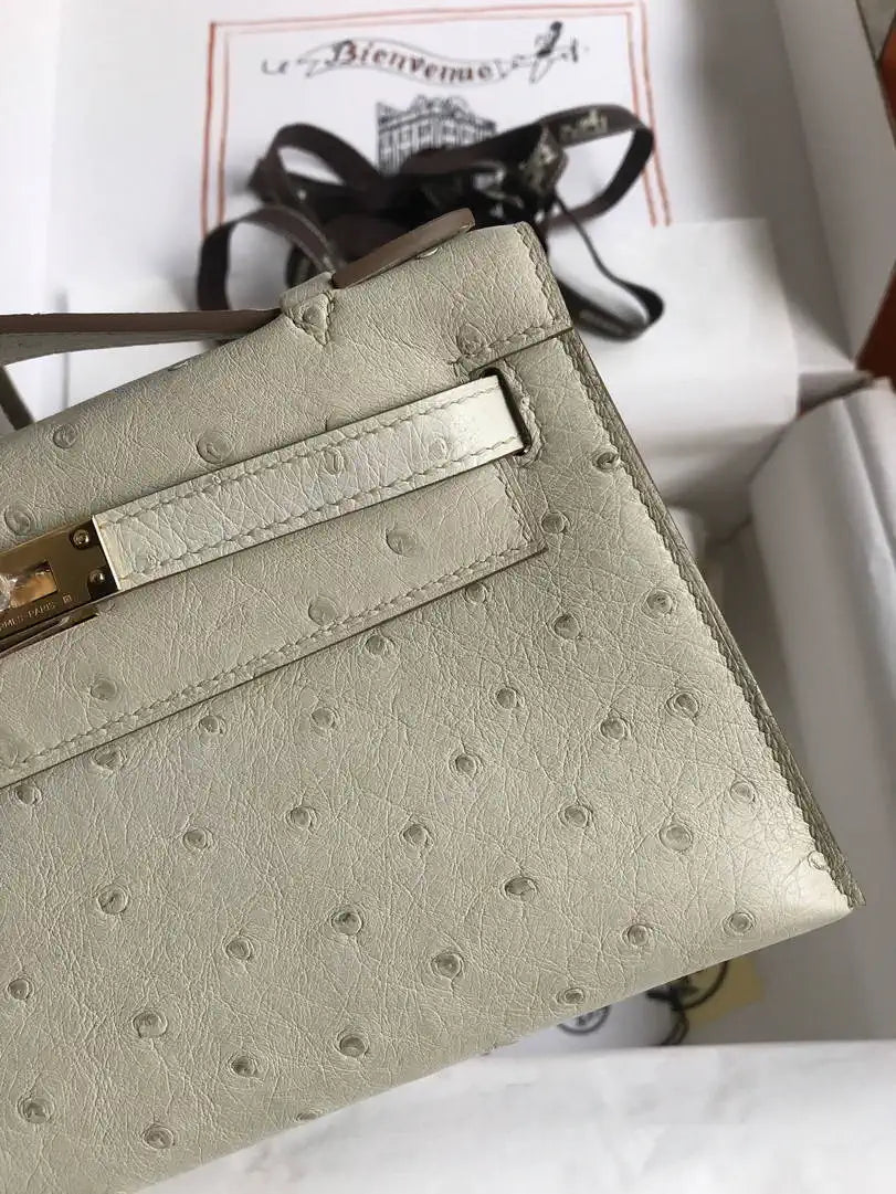 Hermes Kelly Pouchette Ostrich Leather clutch bag Silver H230306