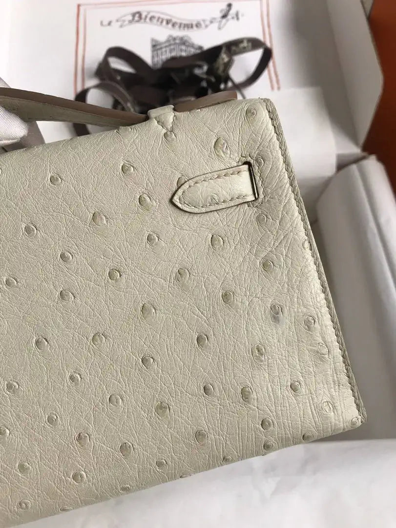Hermes Kelly Pouchette Ostrich Leather clutch bag Silver H230306