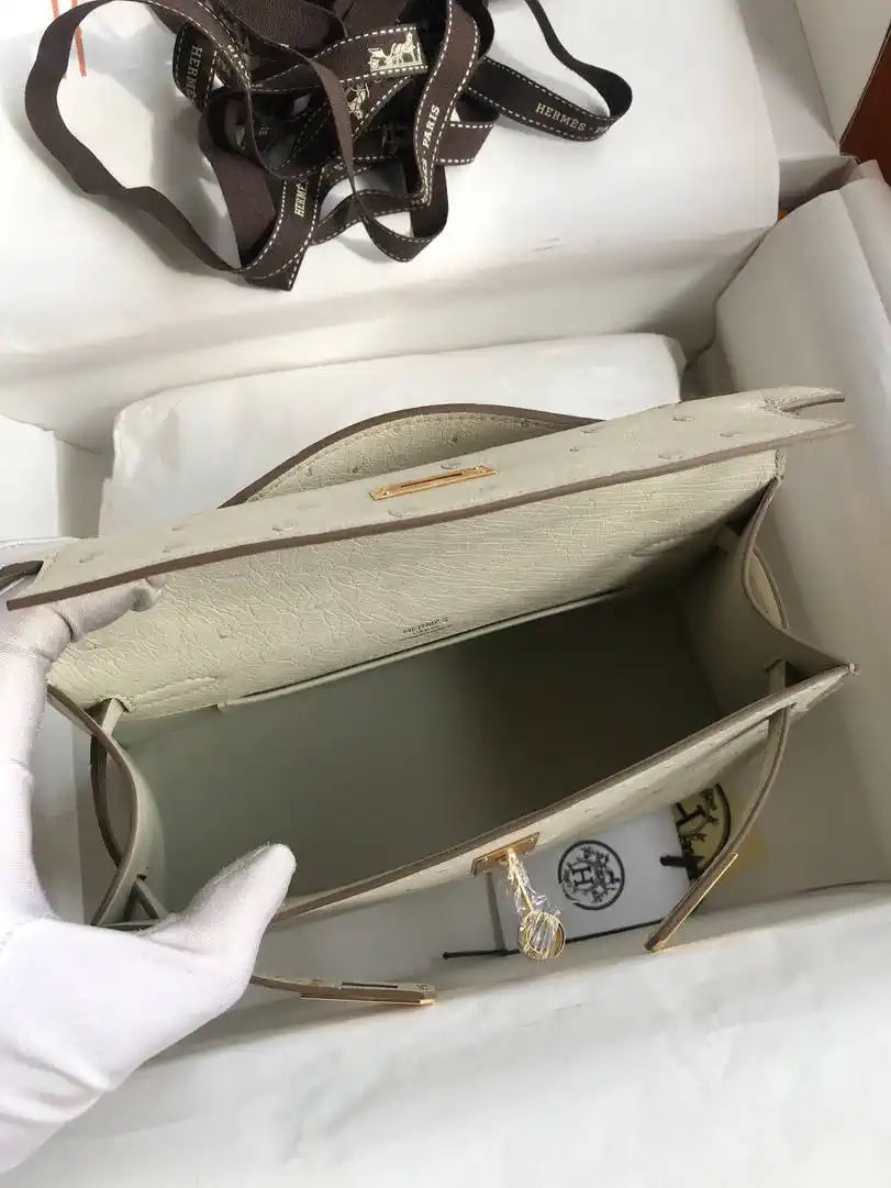 Hermes Kelly Pouchette Ostrich Leather clutch bag Silver H230306
