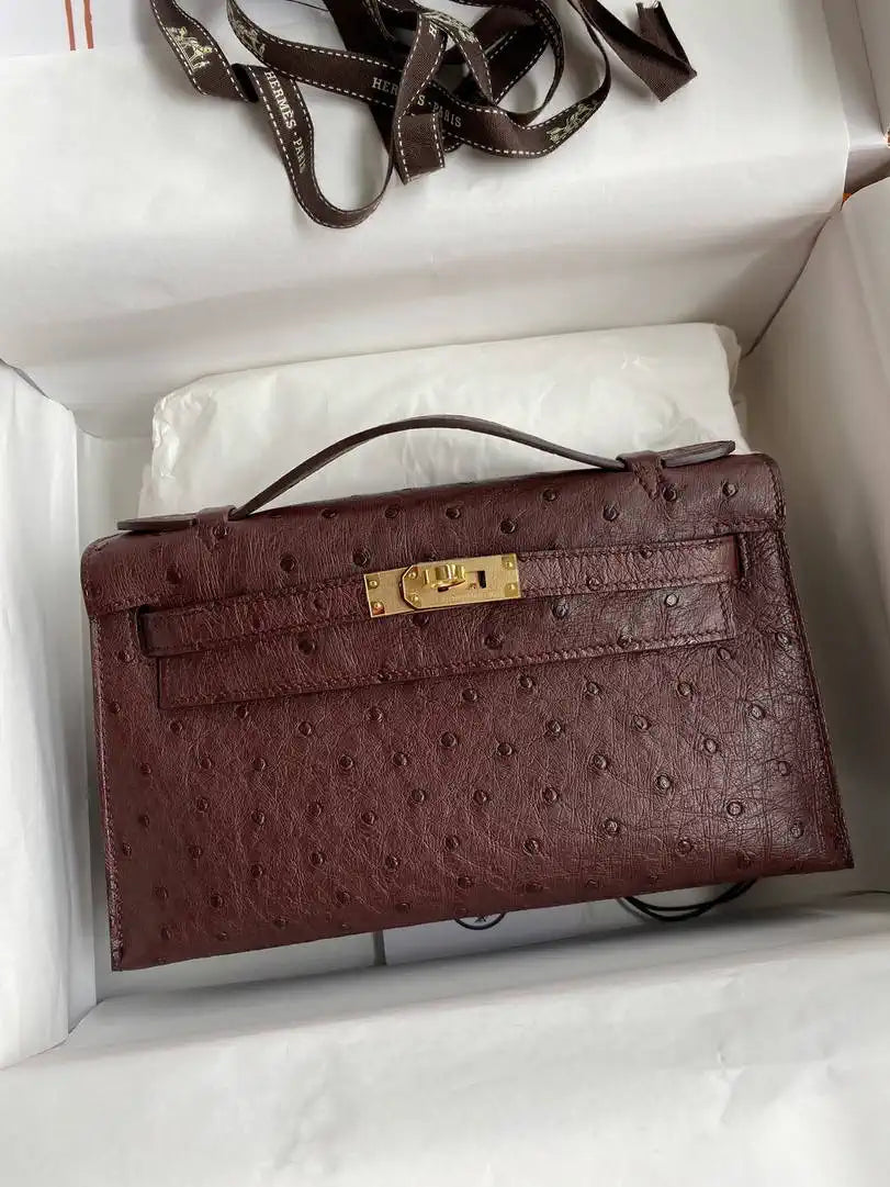 Hermes Kelly Pouchette Ostrich Leather clutch bag Silver H230307
