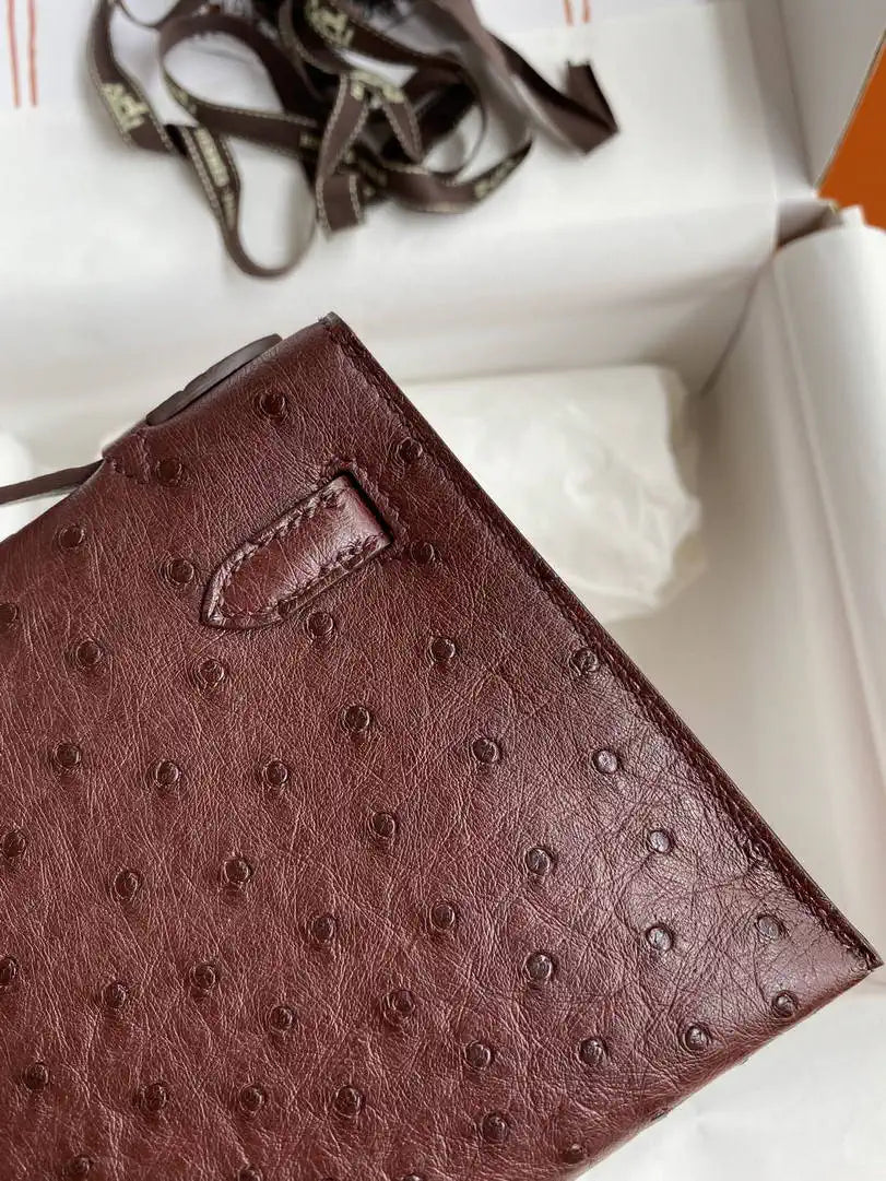 Hermes Kelly Pouchette Ostrich Leather clutch bag Silver H230307