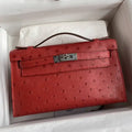 Hermes Kelly Pouchette Ostrich Leather clutch bag Silver H230308