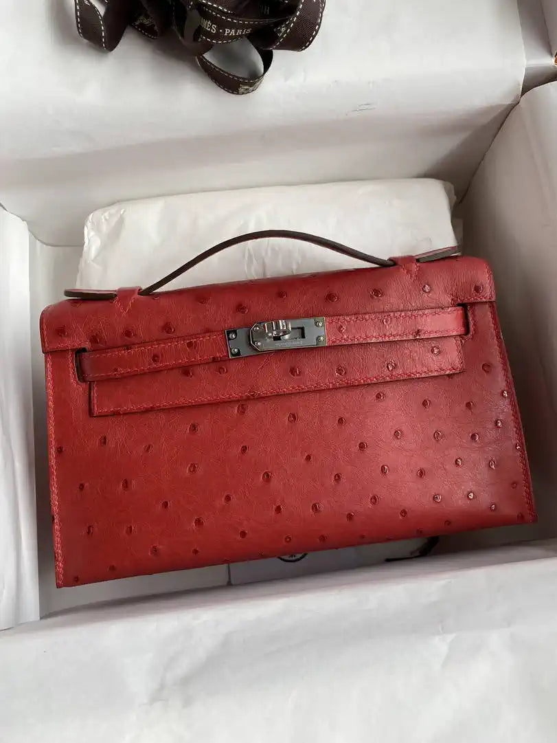 Hermes Kelly Pouchette Ostrich Leather clutch bag Silver H230308