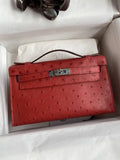 Hermes Kelly Pouchette Ostrich Leather clutch bag Silver H230308