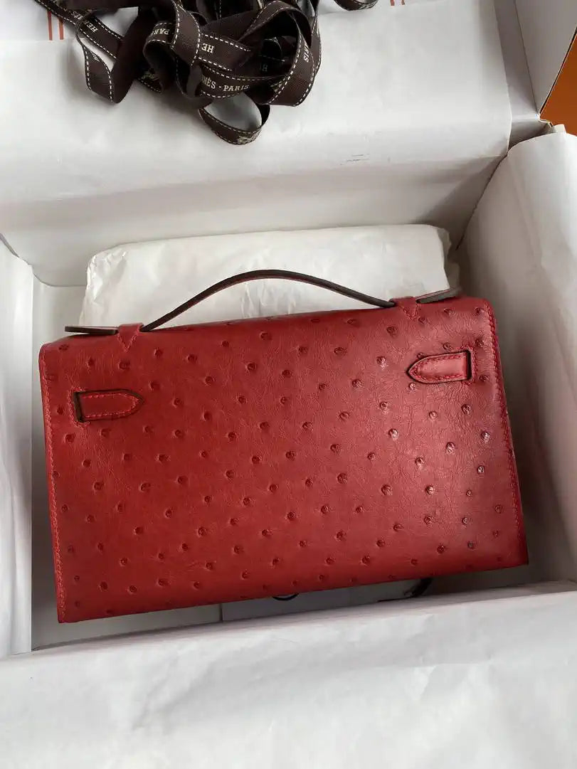 Hermes Kelly Pouchette Ostrich Leather clutch bag Silver H230308