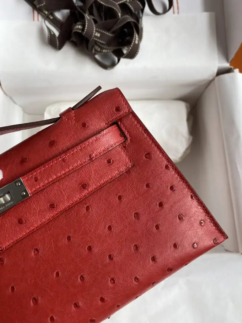 Hermes Kelly Pouchette Ostrich Leather clutch bag Silver H230308