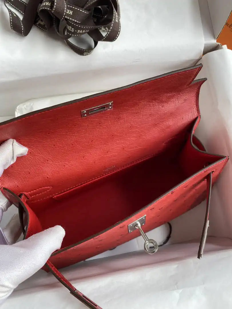 Hermes Kelly Pouchette Ostrich Leather clutch bag Silver H230308