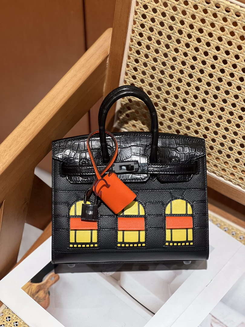 Hermes Mini Birkin Tote Bag Sac Faubourg Black Matte Alligator Black Hardware 20CM H28501