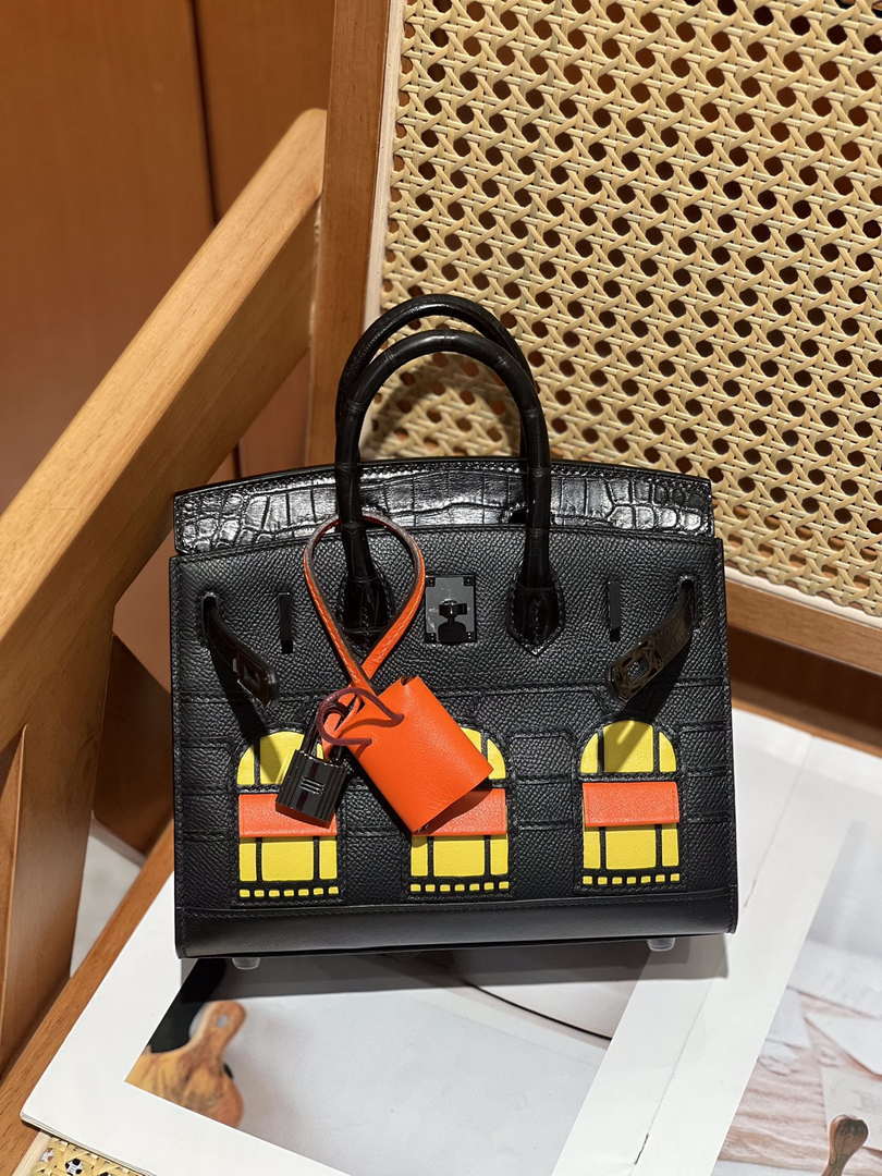 Hermes Mini Birkin Tote Bag Sac Faubourg Black Matte Alligator Black Hardware 20CM H28501