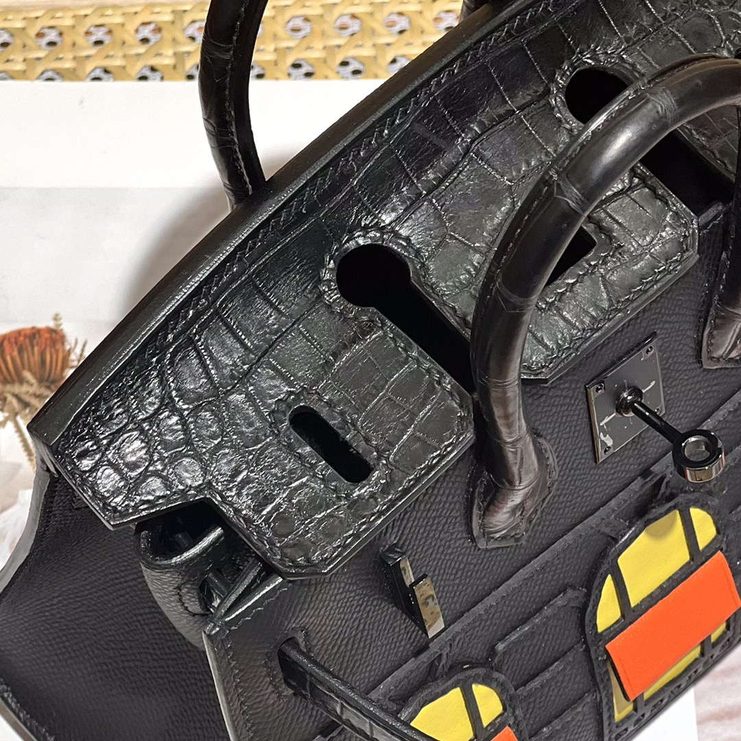 Hermes Mini Birkin Tote Bag Sac Faubourg Black Matte Alligator Black Hardware 20CM H28501 - Default Title - View 5