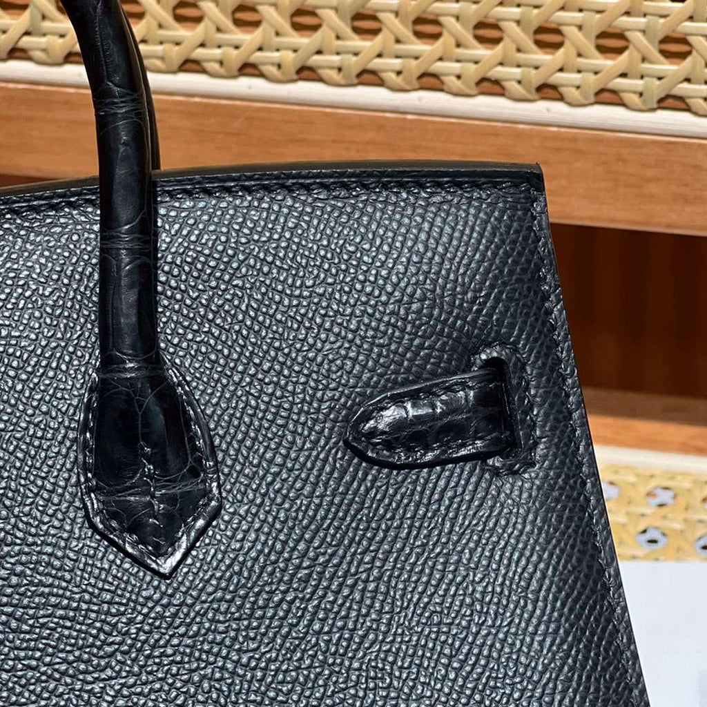 Hermes Mini Birkin Tote Bag Sac Faubourg Black Matte Alligator Black Hardware 20CM H28501