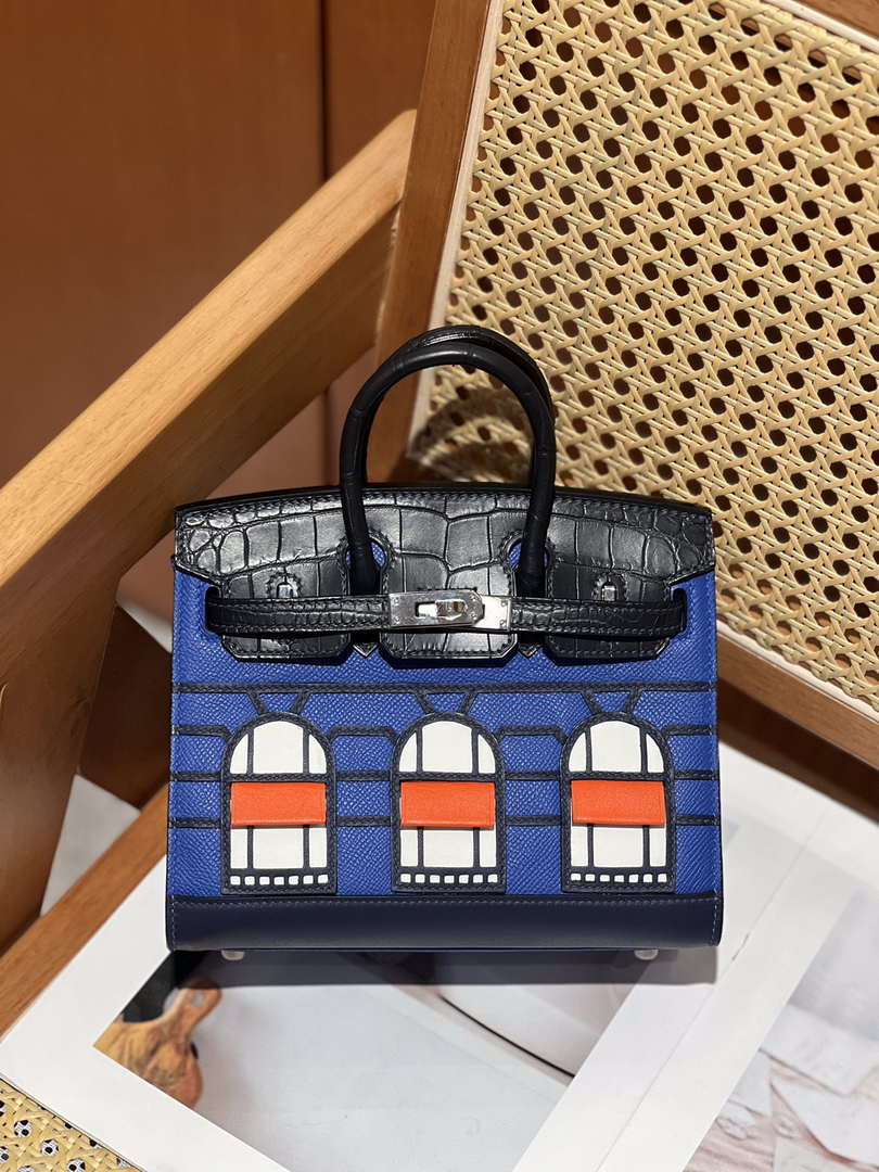 Hermes Mini Birkin Tote Bag Sac Faubourg Blue Matte Alligator Silver Hardware 20CM H28502