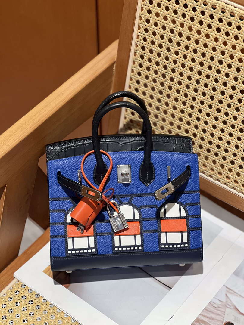 Hermes Mini Birkin Tote Bag Sac Faubourg Blue Matte Alligator Silver Hardware 20CM H28502