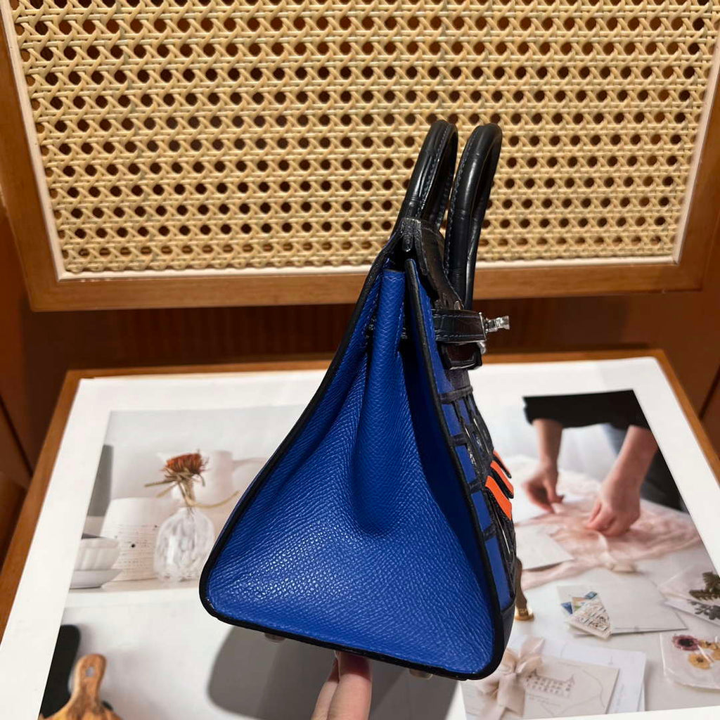 Hermes Mini Birkin Tote Bag Sac Faubourg Blue Matte Alligator Silver Hardware 20CM H28502