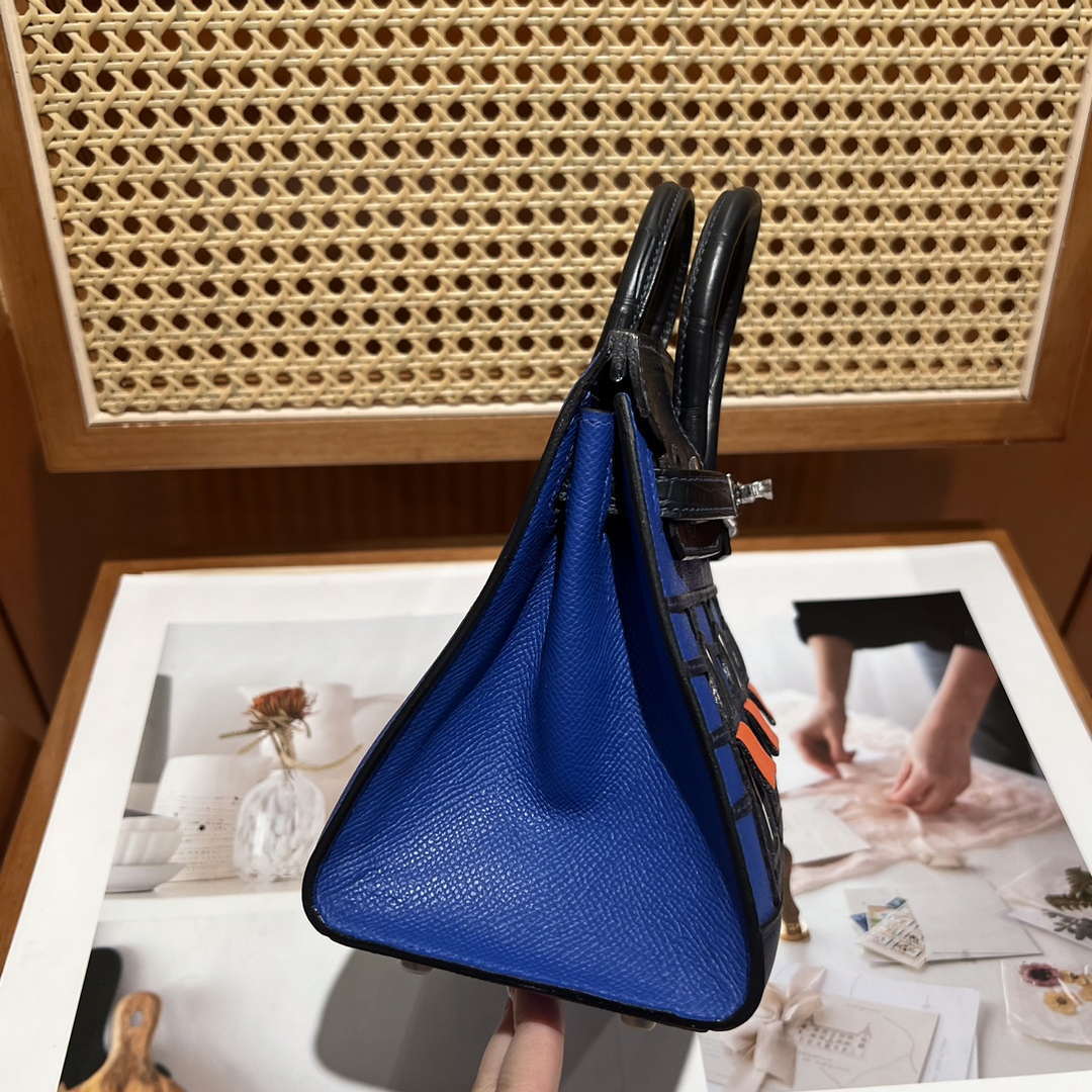 Hermes Mini Birkin Tote Bag Sac Faubourg Blue Matte Alligator Silver Hardware 20CM H28502