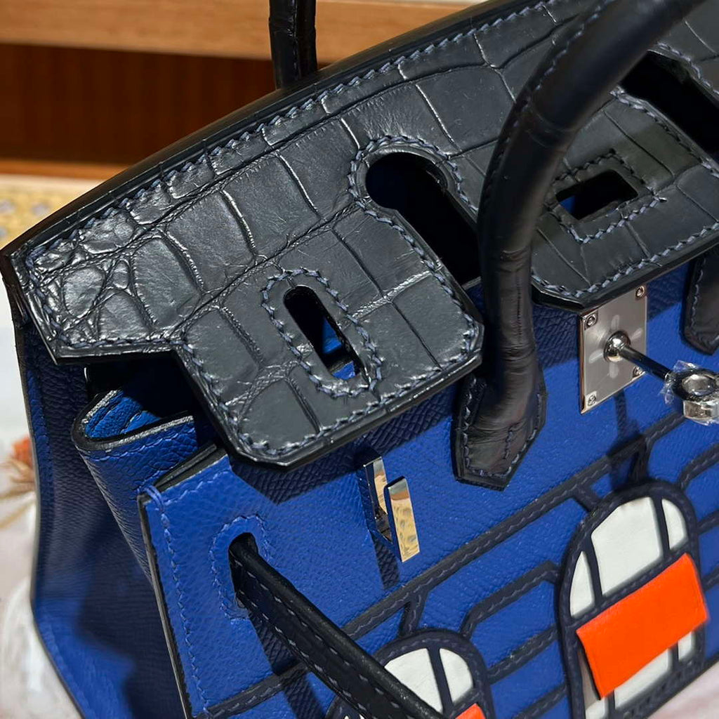 Hermes Mini Birkin Tote Bag Sac Faubourg Blue Matte Alligator Silver Hardware 20CM H28502