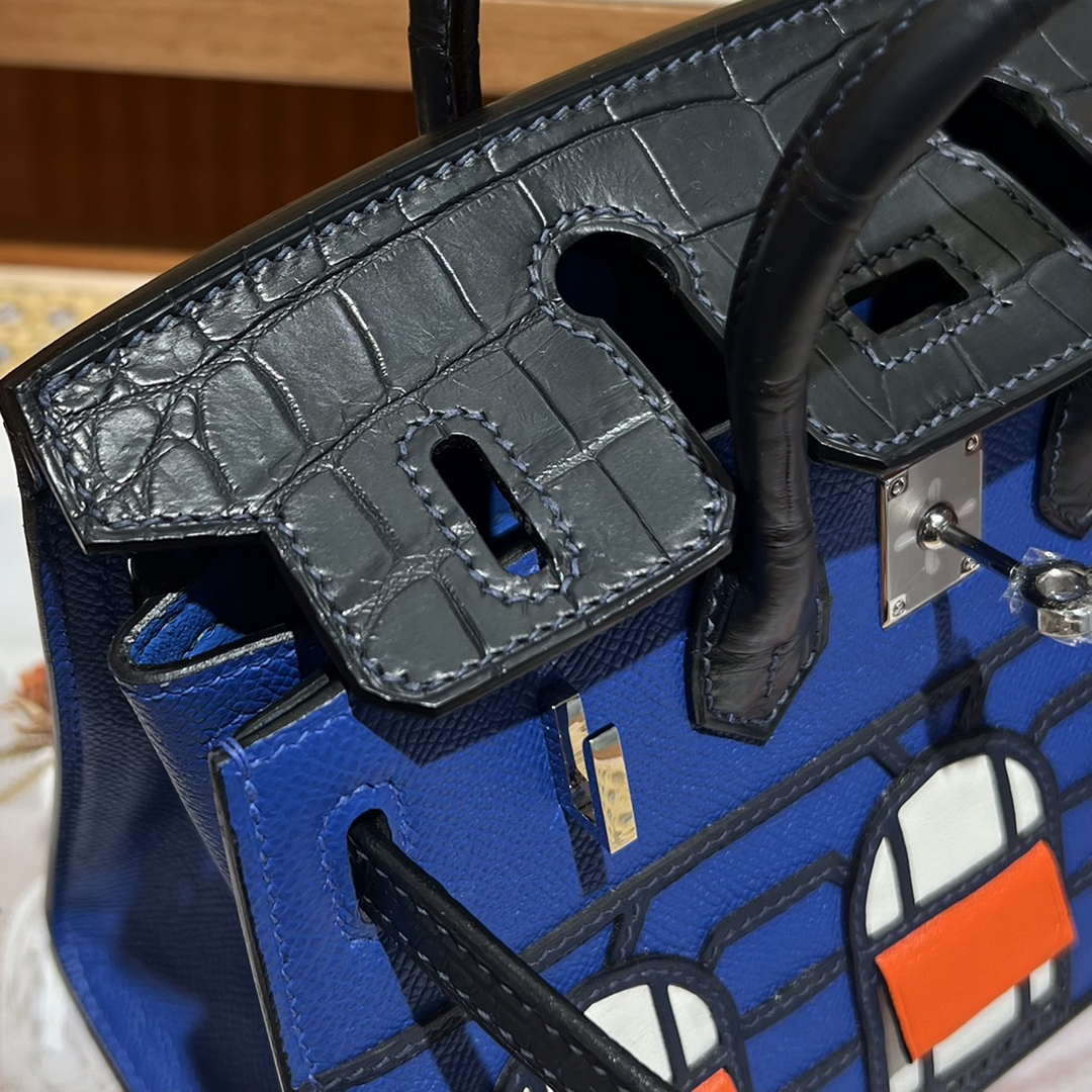 Hermes Mini Birkin Tote Bag Sac Faubourg Blue Matte Alligator Silver Hardware 20CM H28502