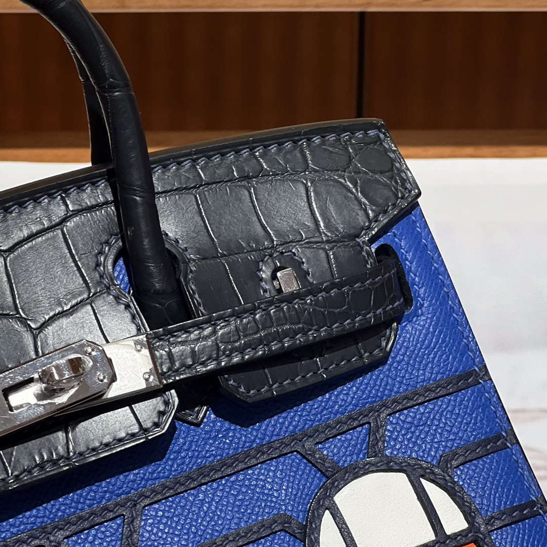 Hermes Mini Birkin Tote Bag Sac Faubourg Blue Matte Alligator Silver Hardware 20CM H28502