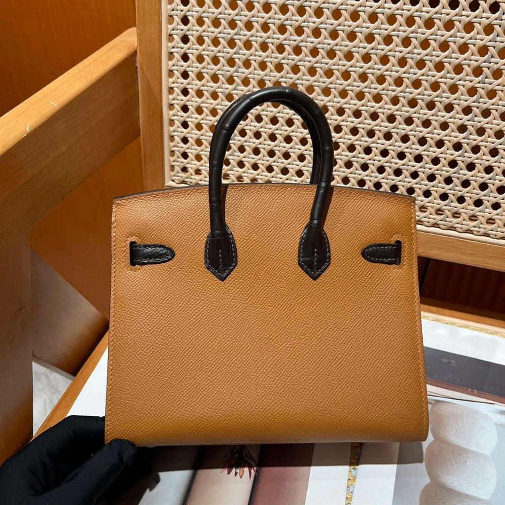 Hermes Mini Birkin Tote Bag Sac Faubourg Brown Matte Alligator Silver Hardware 20CM H28503