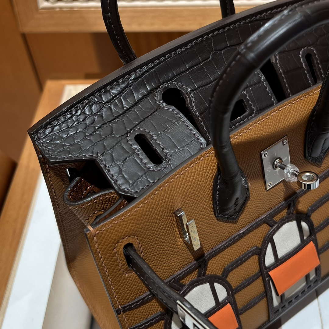 Hermes Mini Birkin Tote Bag Sac Faubourg Brown Matte Alligator Silver Hardware 20CM H28503 - Default Title - View 9