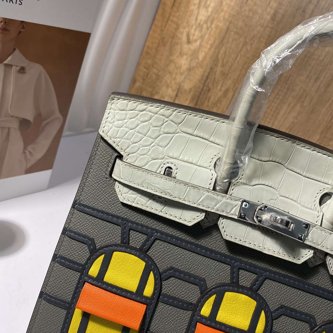 Hermes Mini Birkin Tote Bag Sac Faubourg Gray Matte Alligator Silver Hardware 20CM H28505