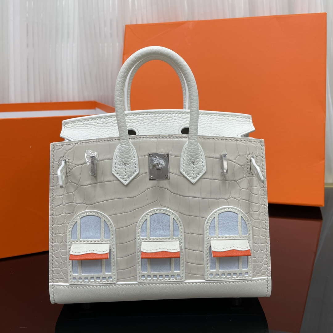 Hermes Mini Birkin Tote Bag Sac Faubourg White Matte Alligator Silver Hardware 20CM H28504 - Default Title - View 1