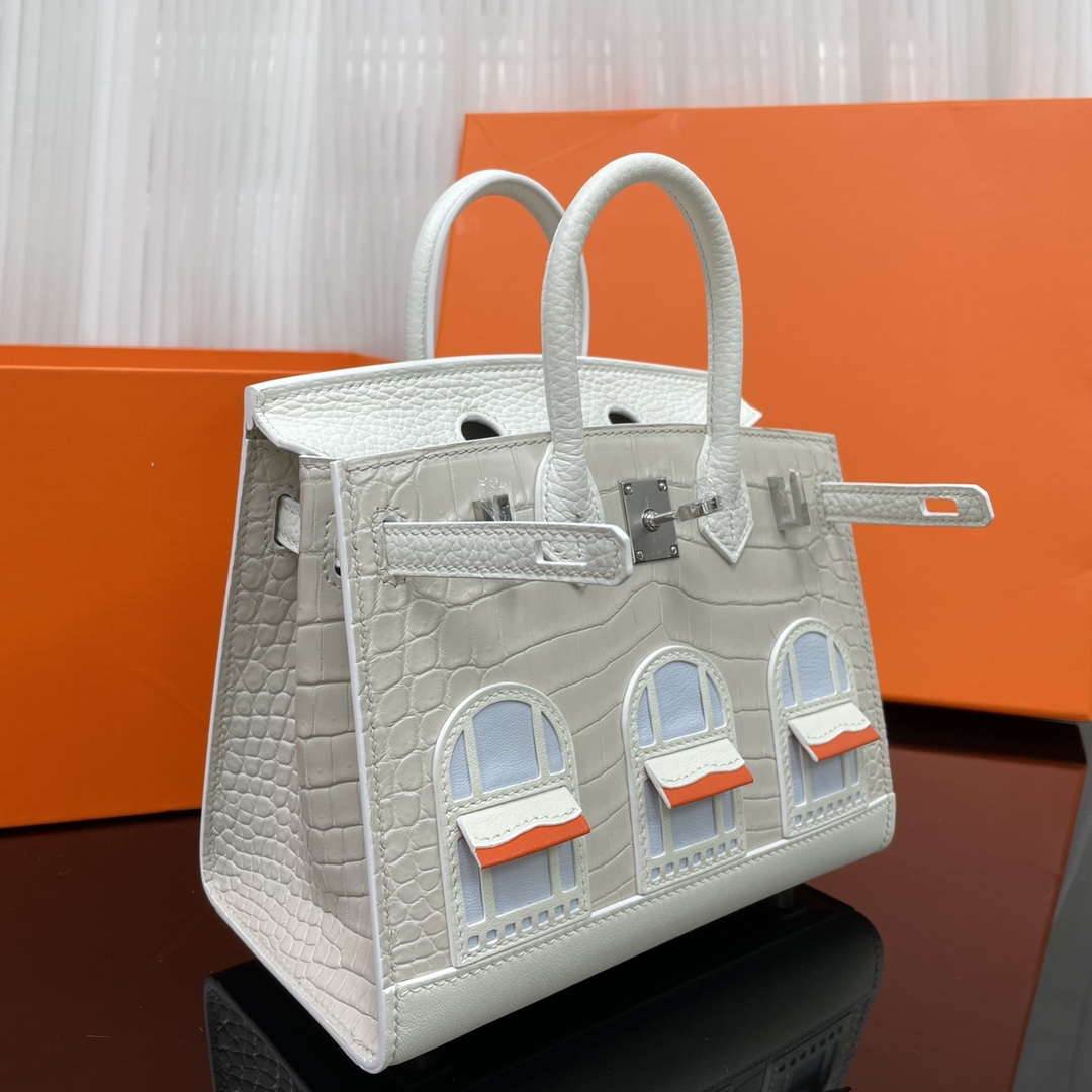 Hermes Mini Birkin Tote Bag Sac Faubourg White Matte Alligator Silver Hardware 20CM H28504