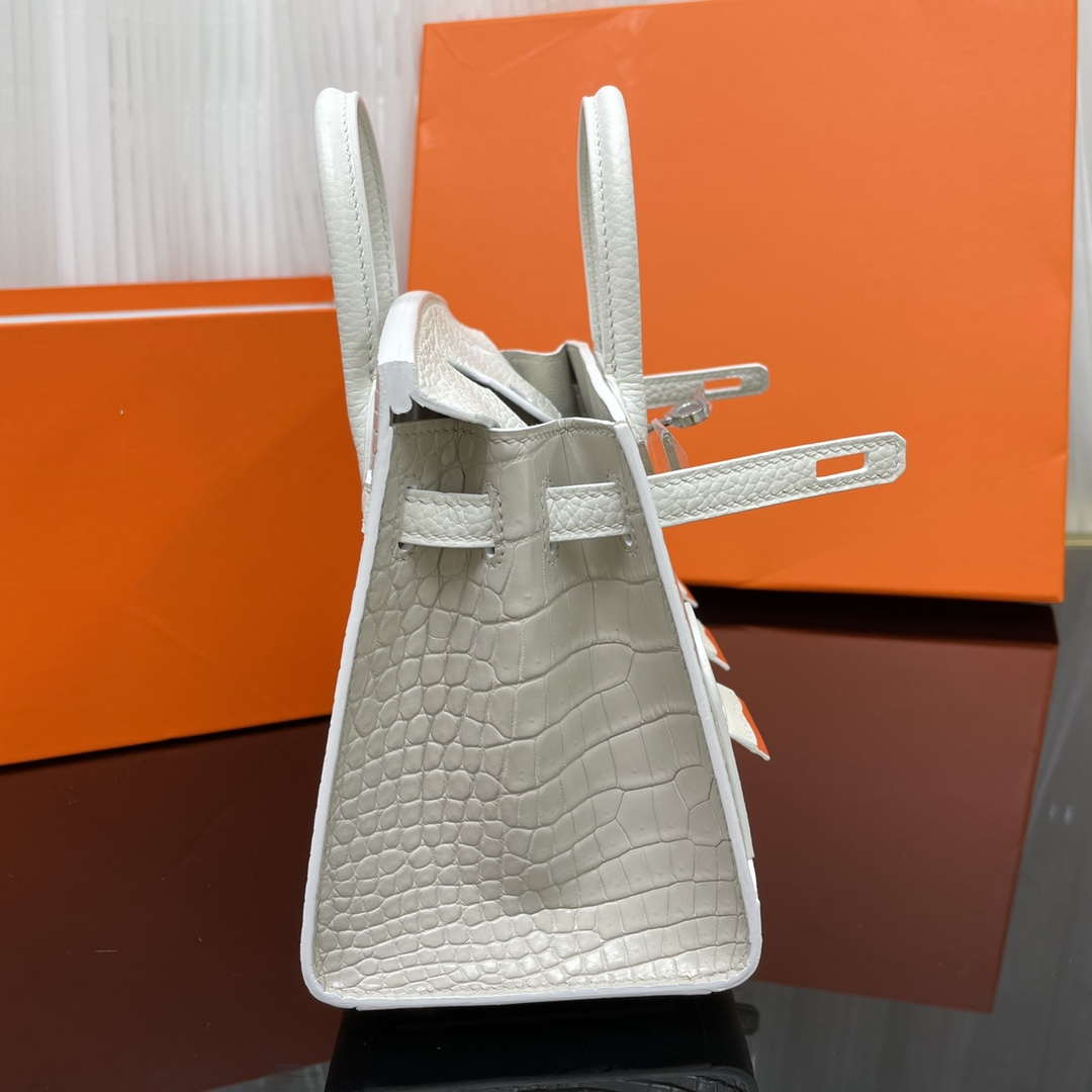 Hermes Mini Birkin Tote Bag Sac Faubourg White Matte Alligator Silver Hardware 20CM H28504