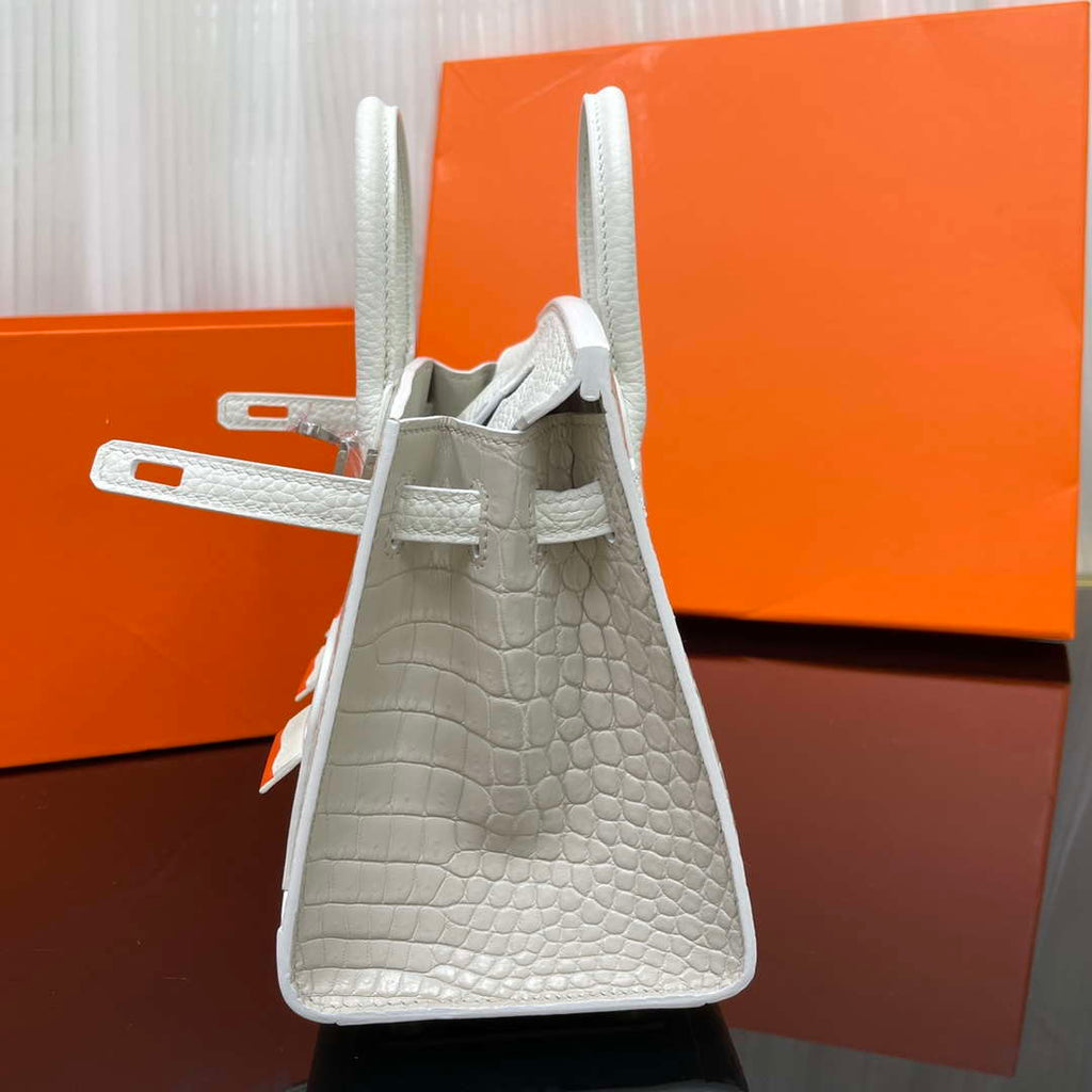 Hermes Mini Birkin Tote Bag Sac Faubourg White Matte Alligator Silver Hardware 20CM H28504