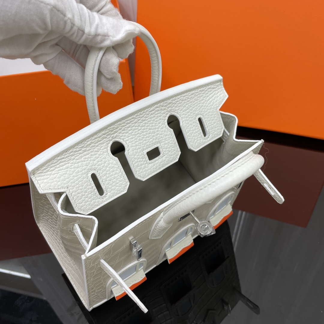 Hermes Mini Birkin Tote Bag Sac Faubourg White Matte Alligator Silver Hardware 20CM H28504