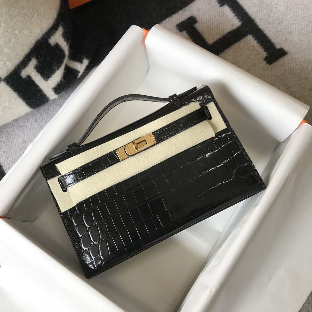 Hermes Mini Kelly Pouchette Crocodile Leather H230234 Black - Default Title - View 1