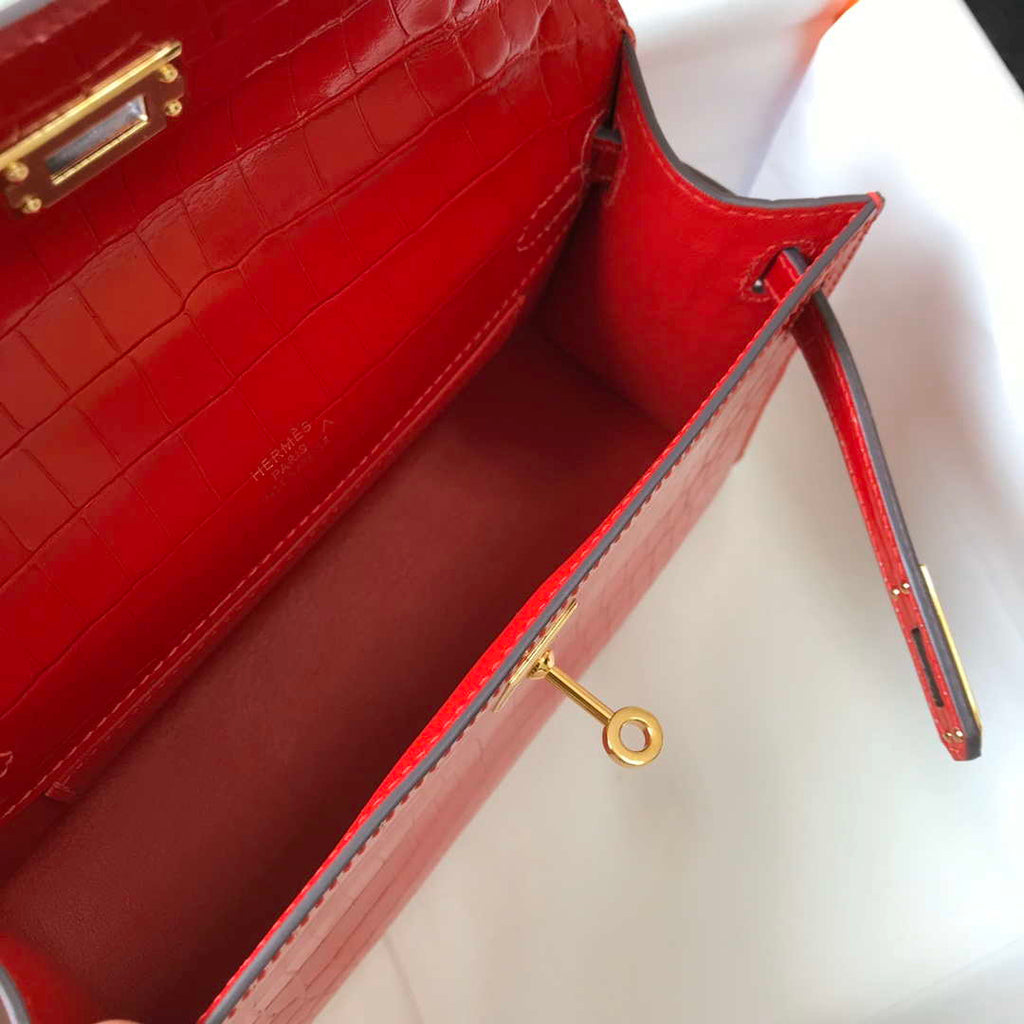 Hermes Mini Kelly Pouchette Crocodile Leather H230235 Red