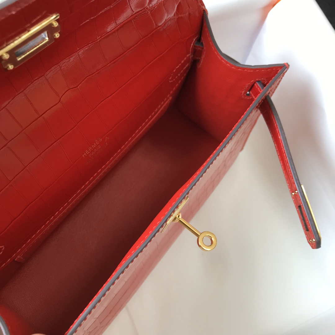 Hermes Mini Kelly Pouchette Crocodile Leather H230235 Red - Default Title - View 8