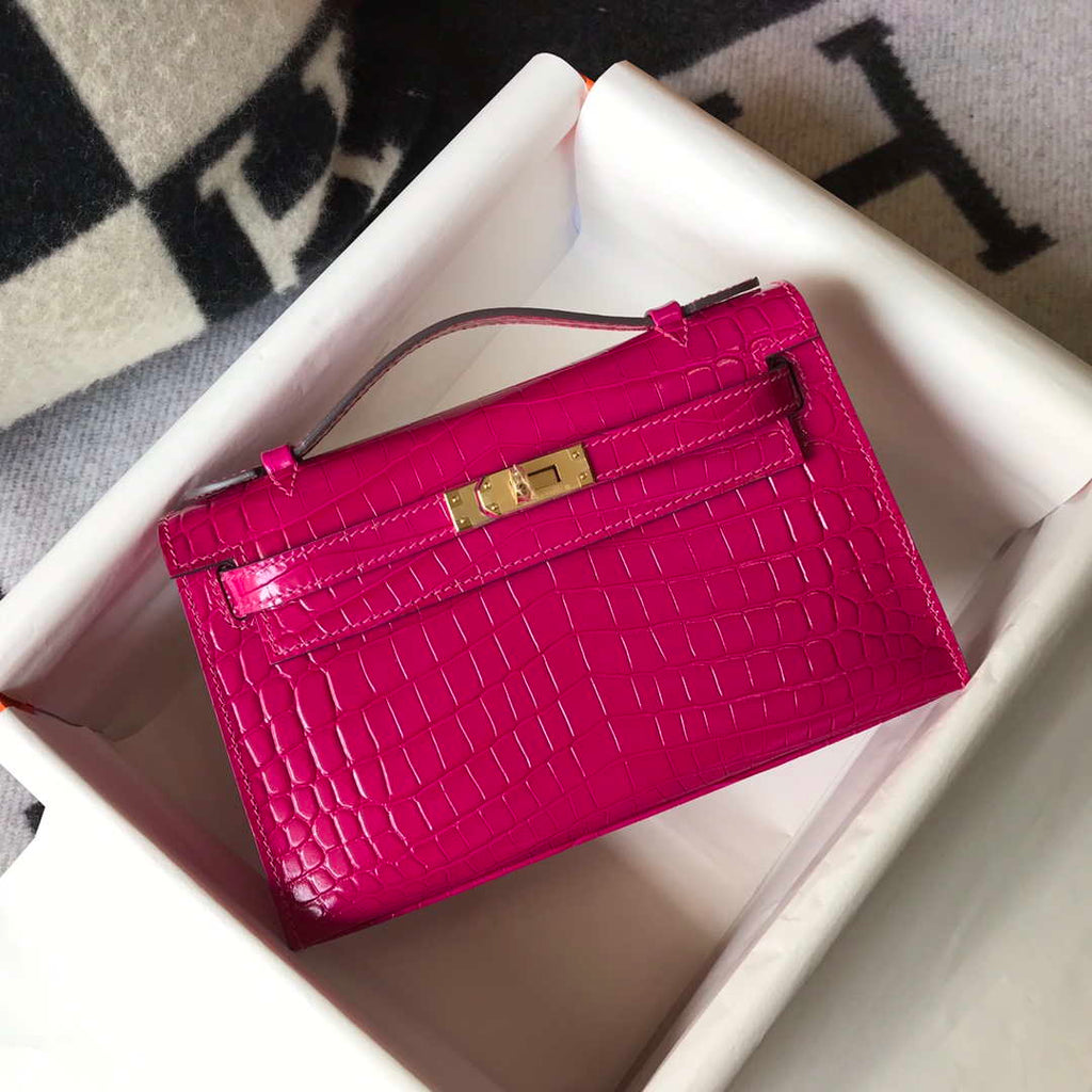 Hermes Mini Kelly Pouchette Crocodile Leather H230236 Rose Red