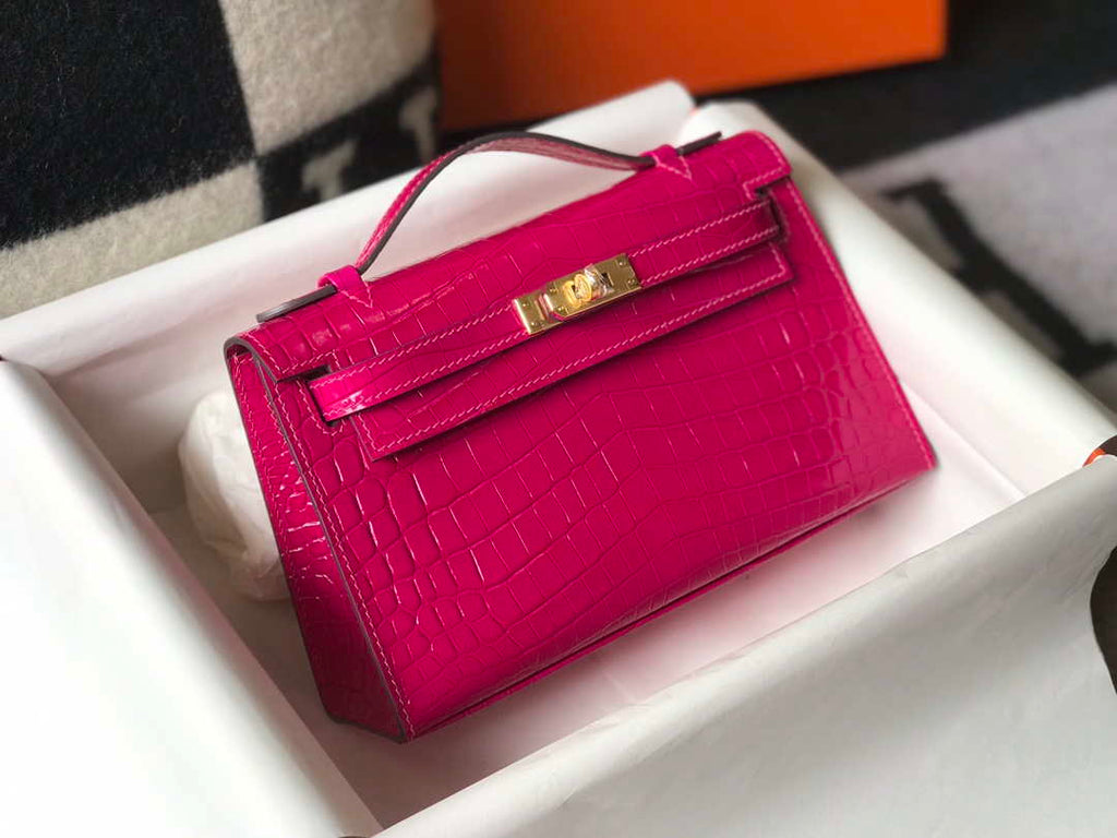 Hermes Mini Kelly Pouchette Crocodile Leather H230236 Rose Red