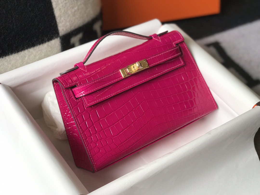 Hermes Mini Kelly Pouchette Crocodile Leather H230236 Rose Red - Default Title - View 4