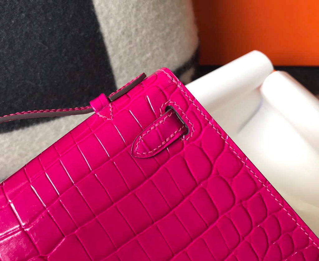 Hermes Mini Kelly Pouchette Crocodile Leather H230236 Rose Red