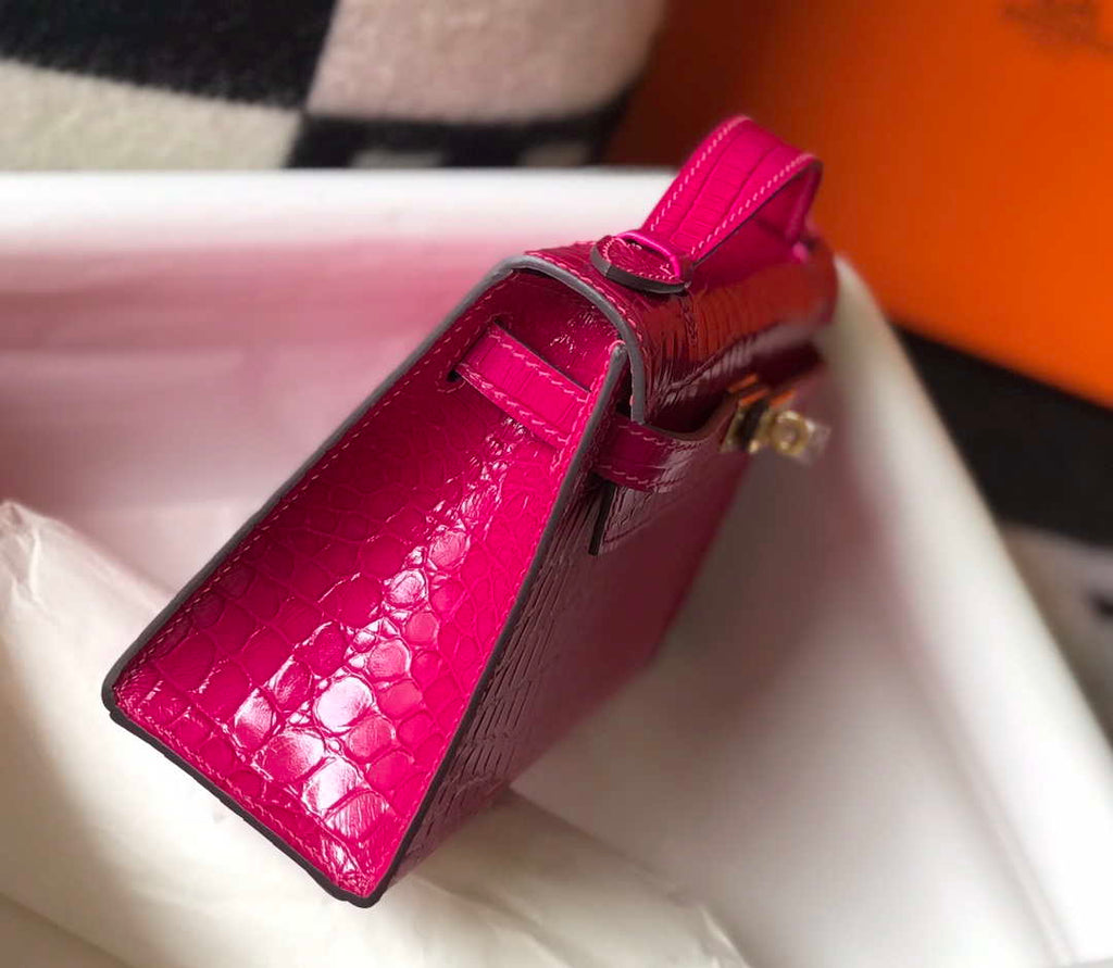 Hermes Mini Kelly Pouchette Crocodile Leather H230236 Rose Red