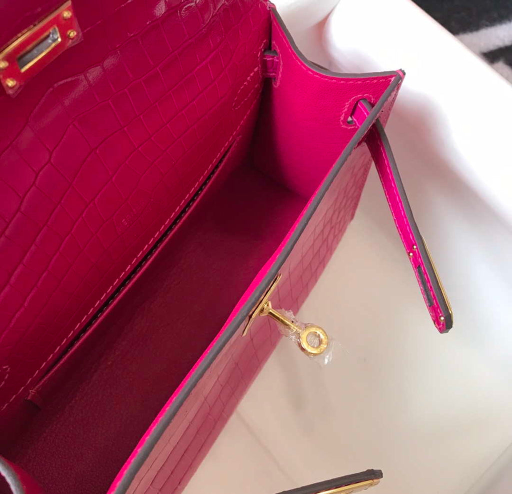 Hermes Mini Kelly Pouchette Crocodile Leather H230236 Rose Red
