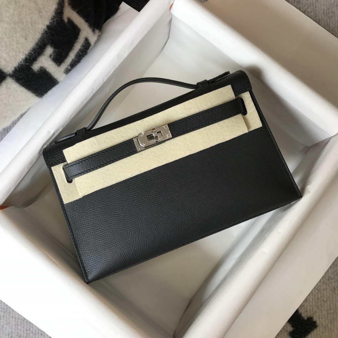 Hermes Mini Kelly Pouchette Epsom Leather H230240 Black Silver - Default Title - View 1