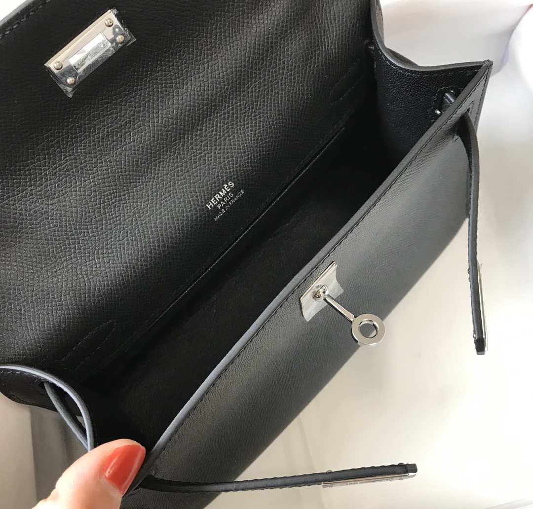 Hermes Mini Kelly Pouchette Epsom Leather H230240 Black Silver