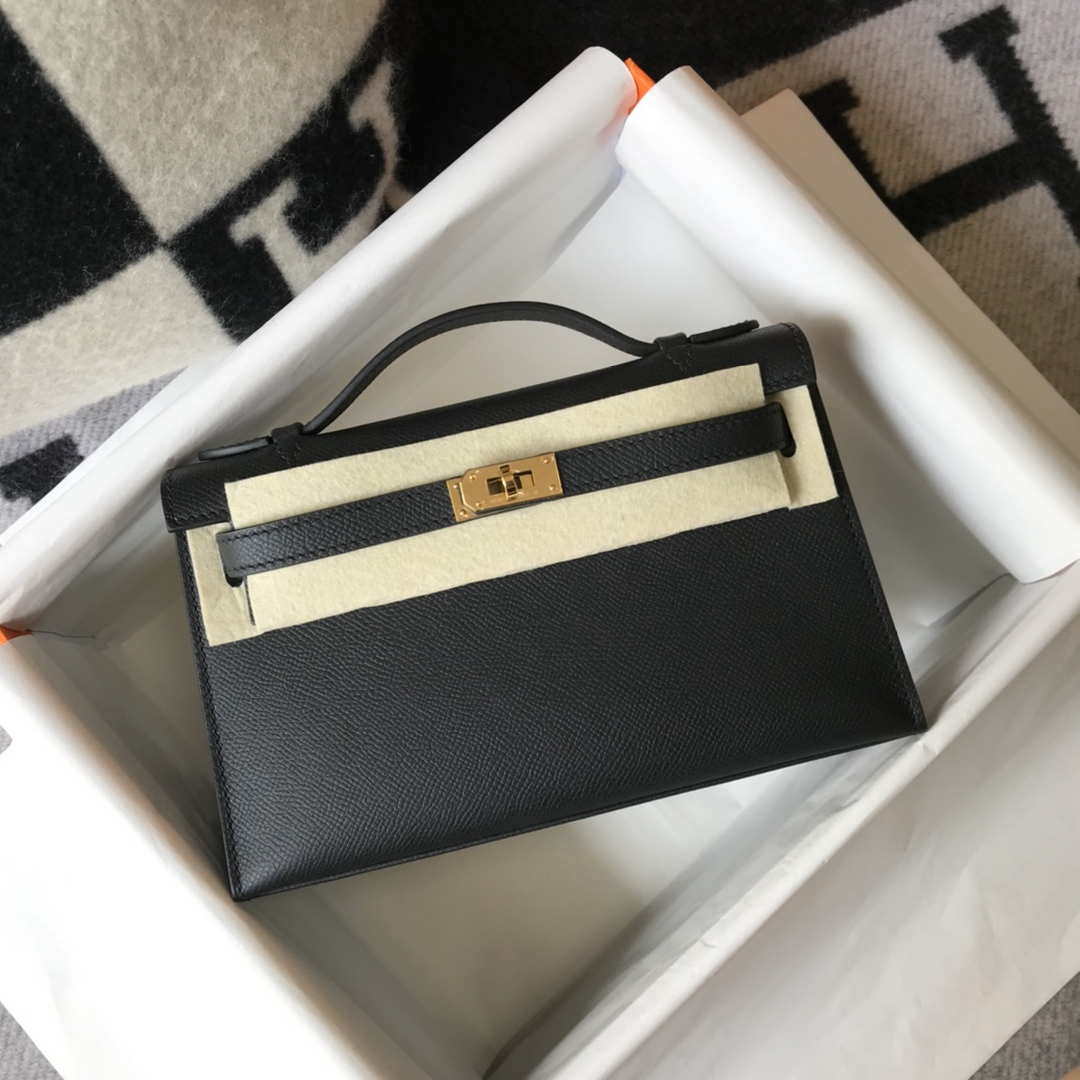 Hermes Mini Kelly Pouchette Epsom Leather H230241 Black Gold - Default Title - View 1