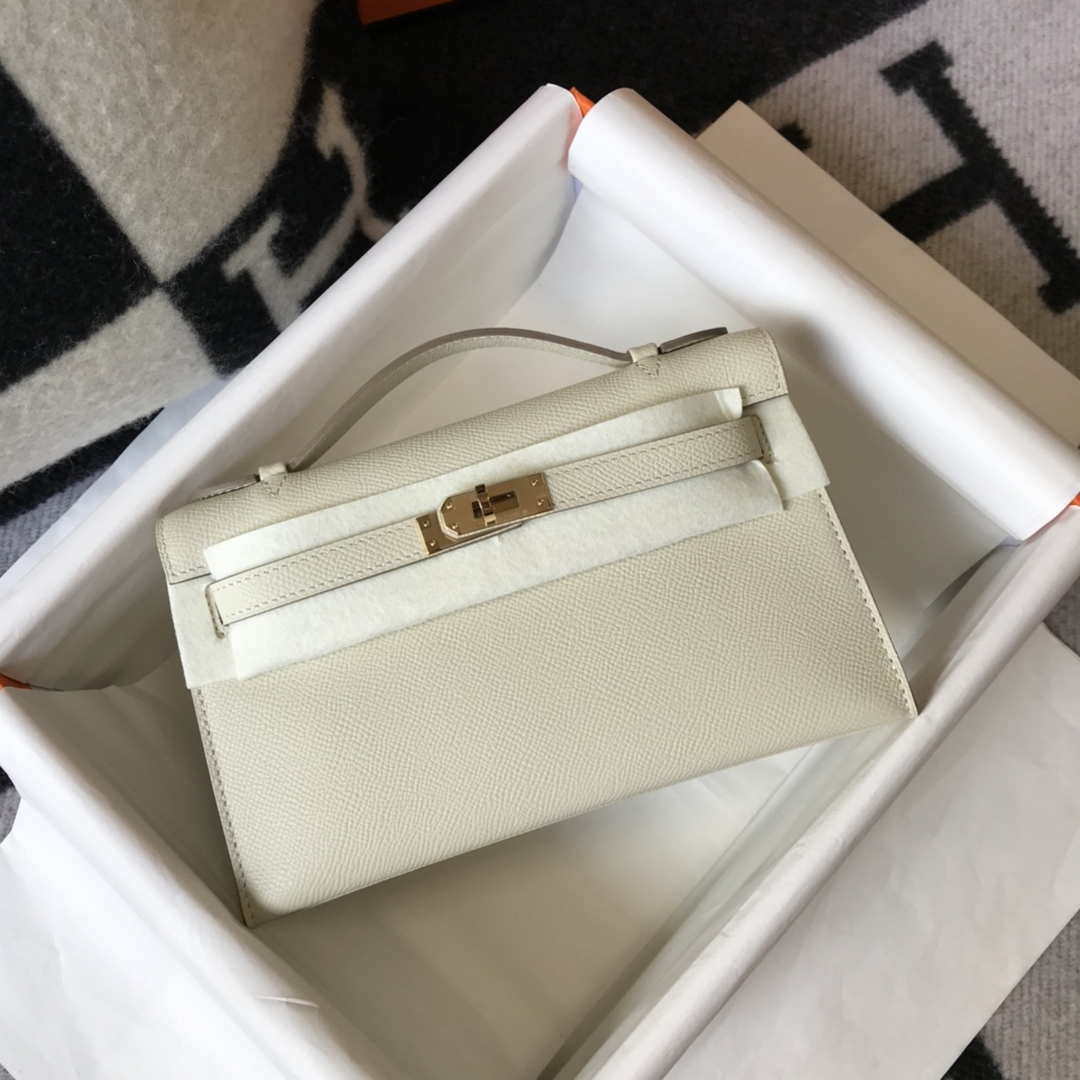 Hermes Mini Kelly Pouchette Epsom Leather H230230 White - Default Title - View 1