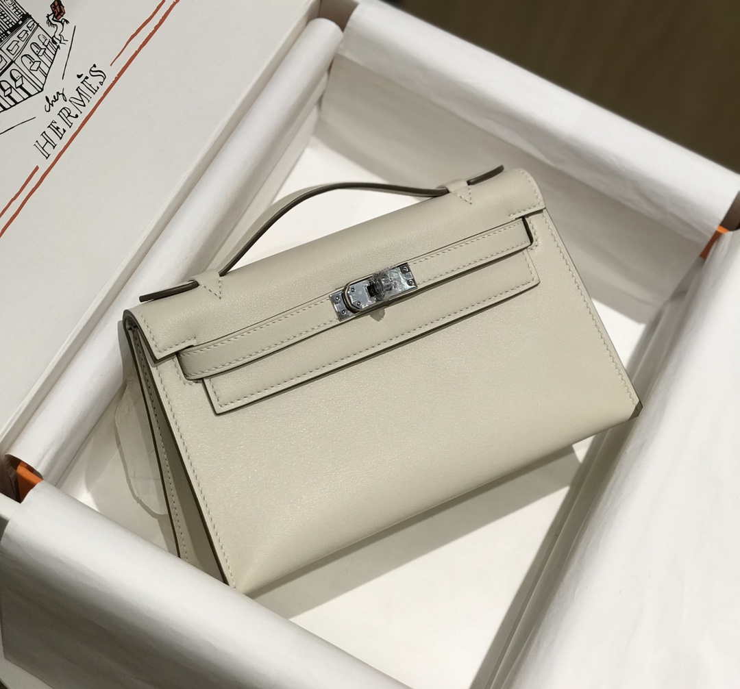 Hermes Mini Kelly Pouchette Swift Leather clutch bag Silver H230255