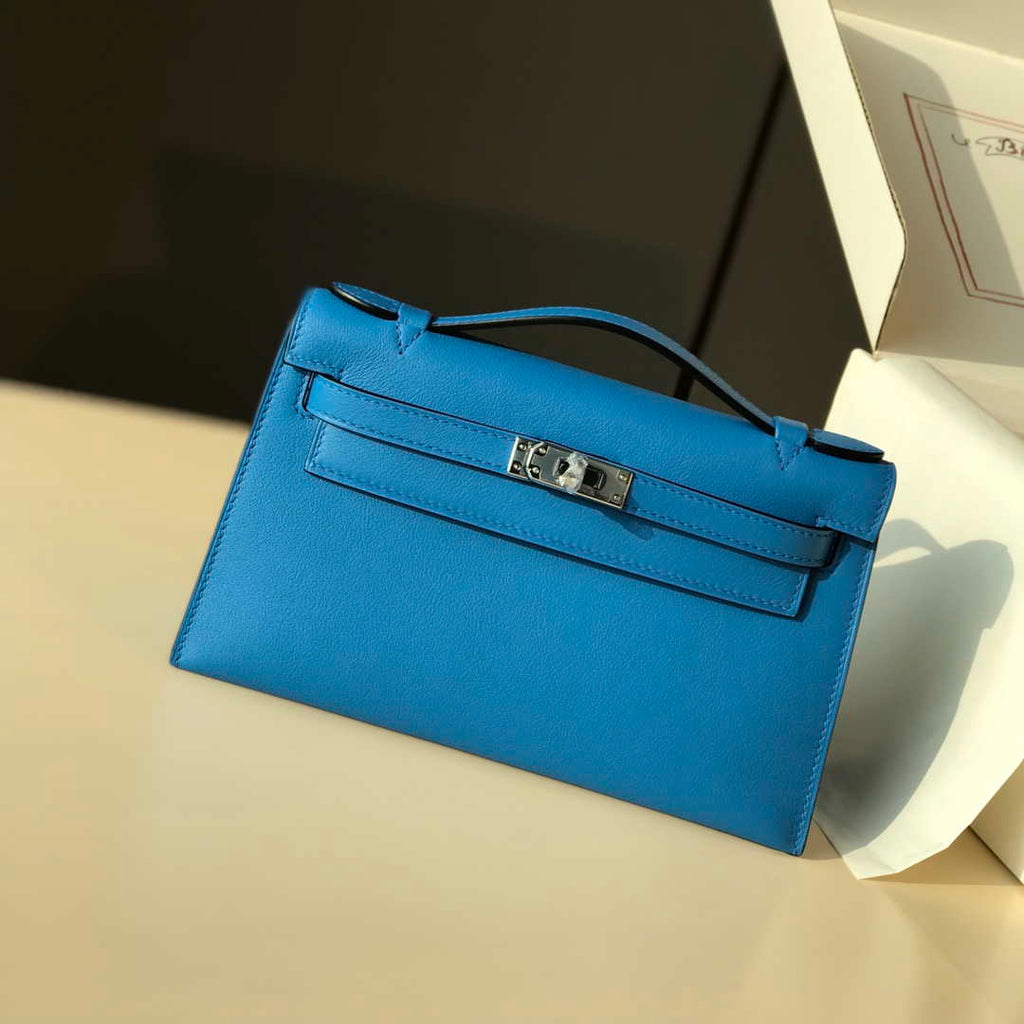 Hermes Kelly Pouchette Swift Leather clutch bag Silver H230256