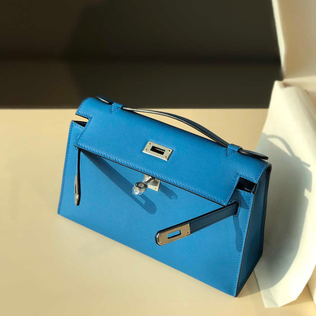 Hermes Kelly Pouchette Swift Leather clutch bag Silver H230256