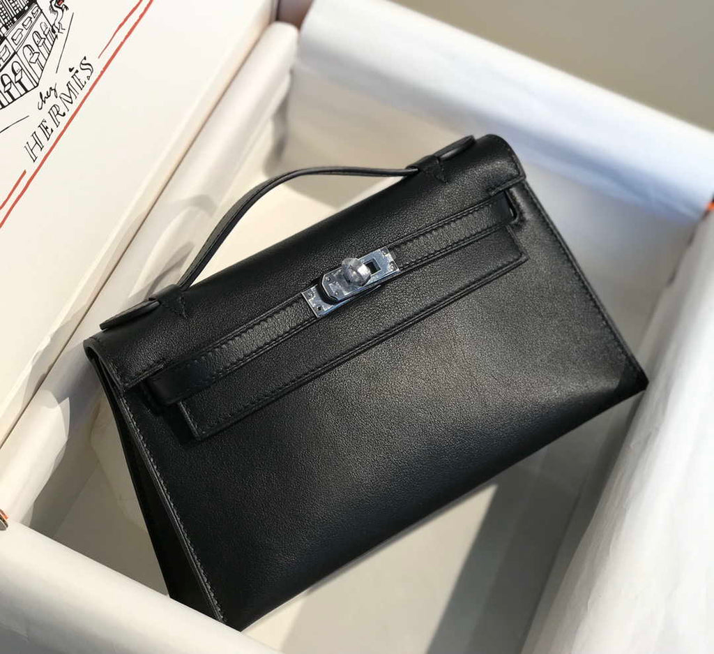 Hermes Kelly Pouchette Swift Leather clutch bag Silver H230258