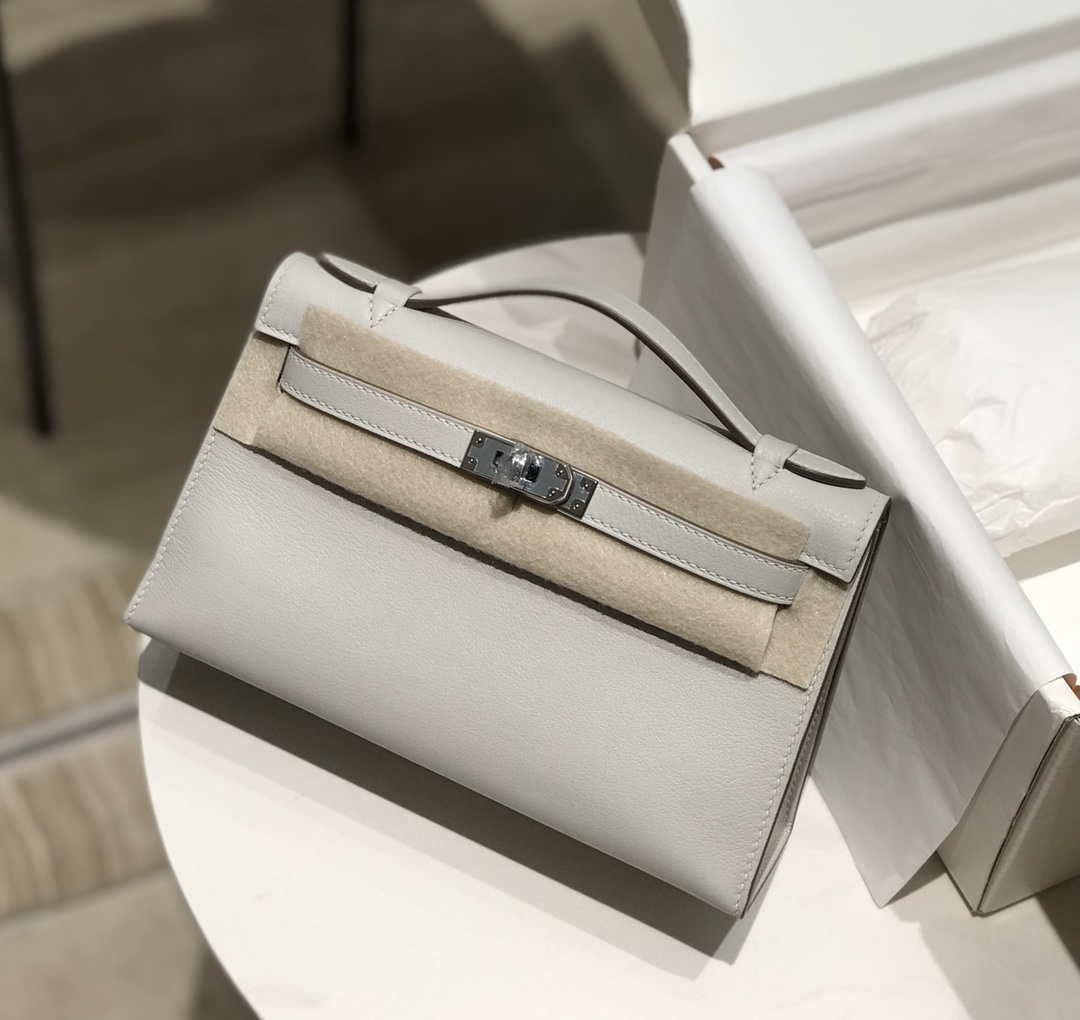 Hermes Kelly Pouchette Swift Leather clutch bag Silver H230259 - Default Title - View 1