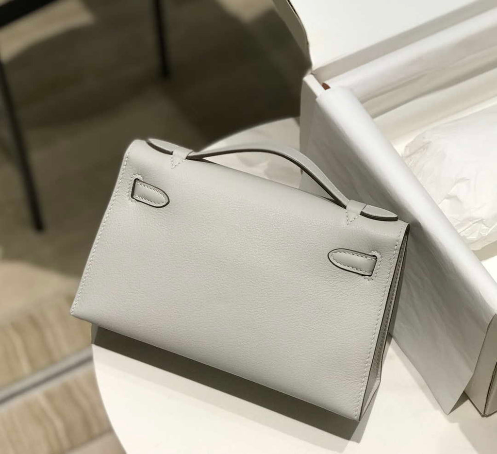 Hermes Kelly Pouchette Swift Leather clutch bag Silver H230259
