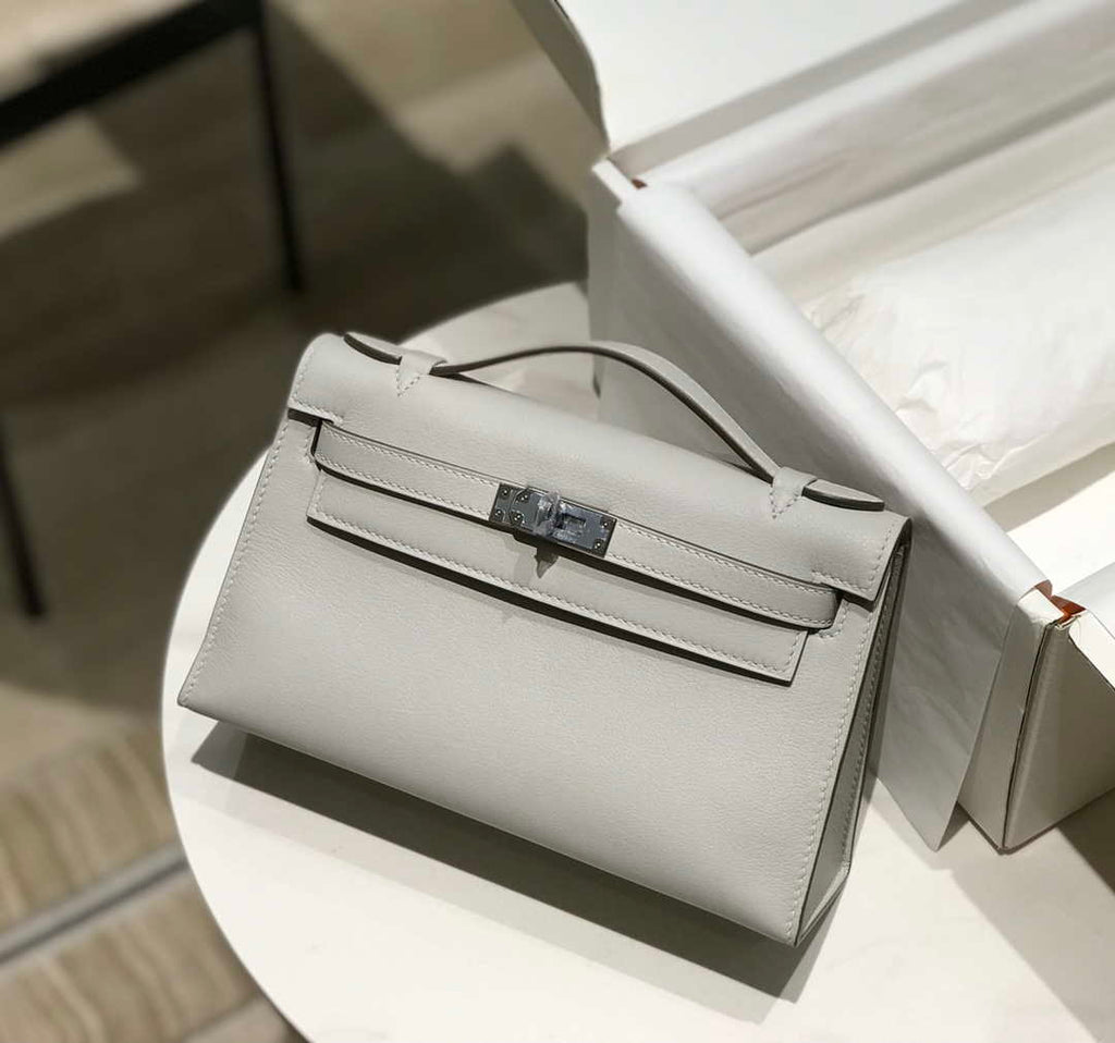 Hermes Kelly Pouchette Swift Leather clutch bag Silver H230259